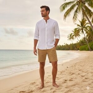 Club Room Luxury 100% Linen Button Up Shirt Mens L Resort Minimalist Band Collar